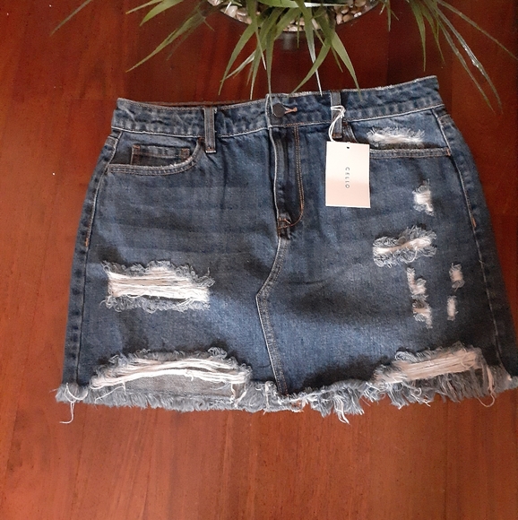 Cello High Rise Dark Denim Destroy Mini Skirt - Picture 2 of 6